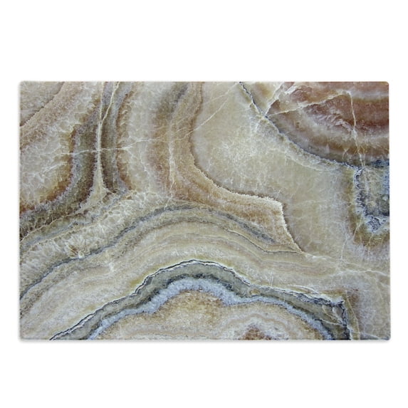 Marble Print Cutting Board, Surreal Onyx Stone Surface Pattern Pale Blue Details Picture, Decorative Tempered Glass Cutting and Serving Board, Large Size, Cinnamon Beige Tan, by Ambesonne