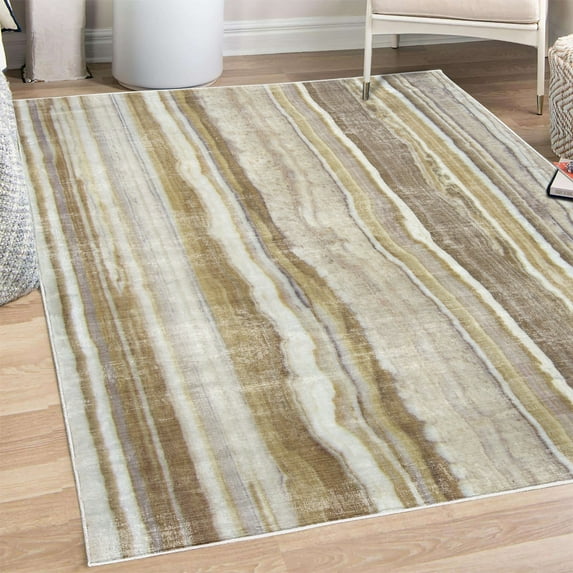 Marble Print Decorative Rug, Onyx Marble Rock Themed Vertical Lines and Blurry Stripes in Earth Color, Quality Carpet for Bedroom Dorm and Living Room, 6 Sizes, Mustard Brown, by Ambesonne