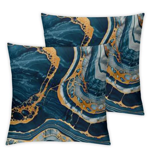 Marble Print Decorative Throw Pillow Case Pack Deep Ocean Inspired Contemporary Natural Stone Hues Stains Pattern, Couch Bedroom Living Room Cushion Cover Dark Teal Blue Camel
