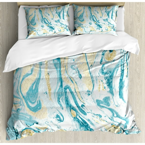 Marble Print Duvet Cover Set, Golden Yellow Tone and Ocean Inspired Colored Abstract Natural Motif, Decorative 3 Piece Bedding Set with 2 Pillow Shams, King Size, Pale Camel Sea Blue, by Ambesonne