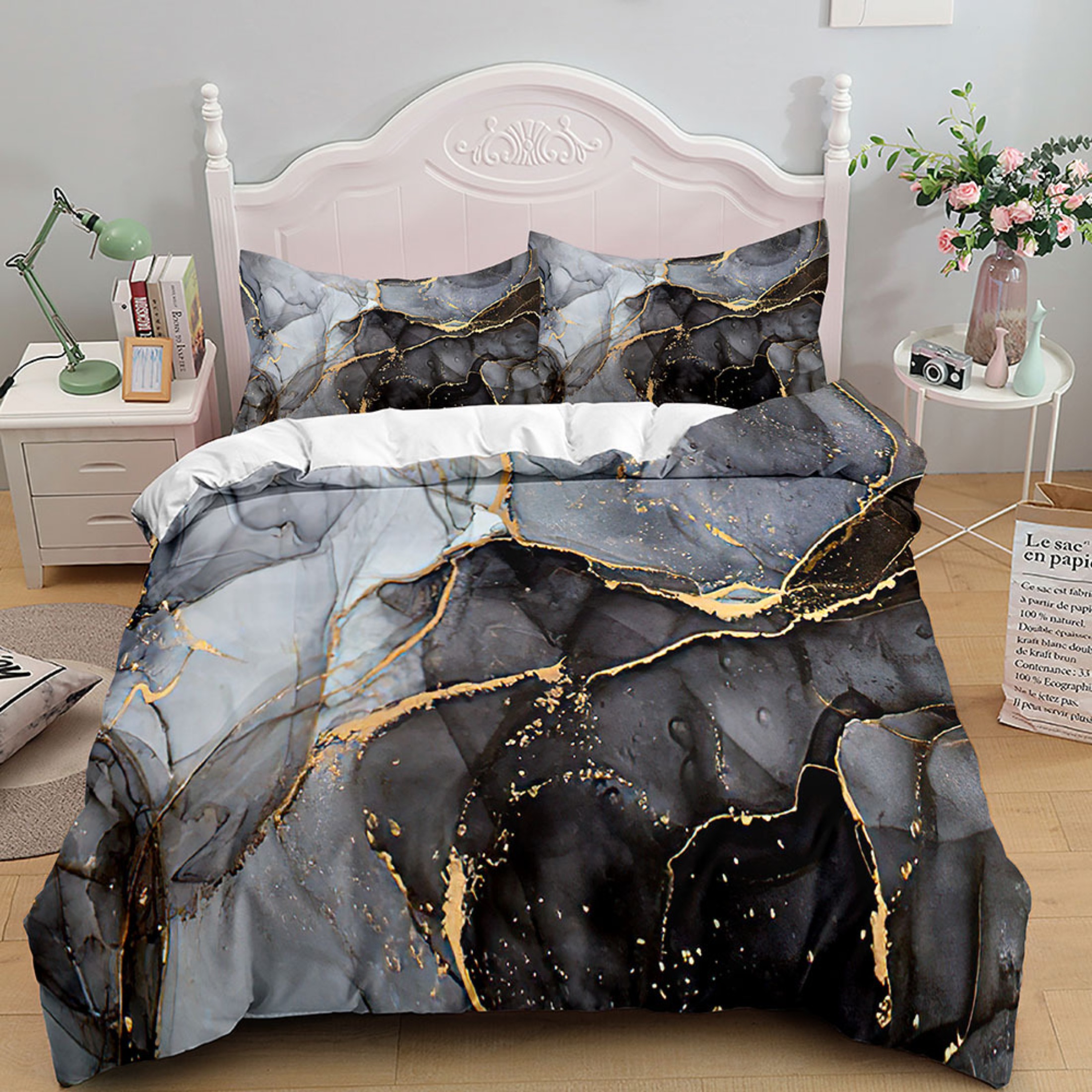 Marble Print Duvet Cover Set, Nature Granite Pattern Cloudy Spotted
