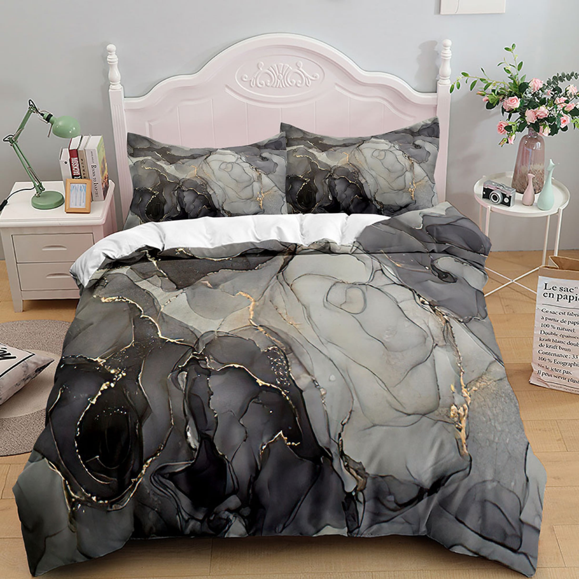 Marble Print Duvet Cover Set, Soft Pastel Toned Abstract Wavy Pattern