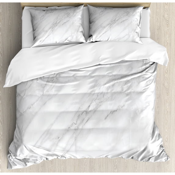 Marble Print Duvet Cover Set, Stained Marbled Background Image Abstract Textures Monochromatic Design, Decorative 3 Piece Bedding Set with 2 Pillow Shams, Queen Size, White Pale Grey, by Ambesonne