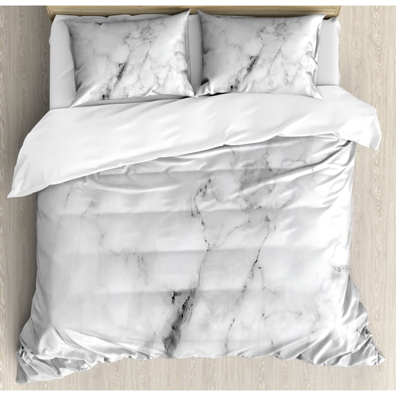 Marble Print Duvet Cover Set, Stone Surface Pattern Cracked Lines and Stripes Display, Decorative 3 Piece Bedding Set with 2 Pillow Shams, Queen Size, Grey Dust White, by Ambesonne