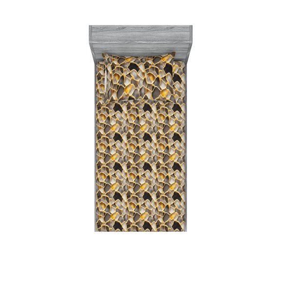 Marble Print Fitted Sheet & Pillow Sham Set, Honey Comb Framework Marbling Style Modern Repetitive Illustration, Decorative Printed 2 Piece Bedding Decor, Twin, Mustard and Taupe Grey, by Ambesonne