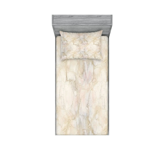 Marble Print Fitted Sheet & Pillow Sham Set, Pastel Colored Stone Background Crack Patterns Architecture Building Material, Decorative Printed 4 Piece Bedding Decor Set, Twinxl, Beige, by Ambesonne