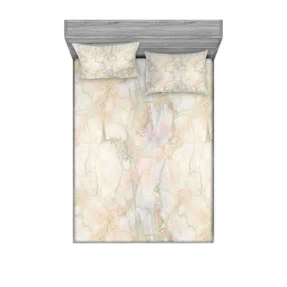 Marble Print Fitted Sheet & Pillow Sham Set, Pastel Colored Stone Background Crack Patterns Architecture Building Material, Decorative Printed 6 Piece Bedding Decor Set, Calking, Beige, by Ambesonne