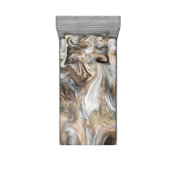 Marble Print Fitted Sheet & Pillow Sham Set, Retro Style Paintbrush Colors in Marbling Texture Watercolor Art, Decorative Printed 4 Piece Bedding Decor Set, Twinxl, Sand Brown Pale Grey, by Ambesonne
