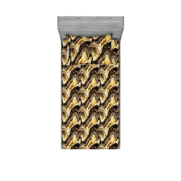 Marble Print Fitted Sheet & Pillow Sham Set, Rock Print Inspired Marbling Crystal Gemstone Nature Themed Art, Decorative Printed 2 Piece Bedding Decor, Twin, Chocolate Mustard Taupe, by Ambesonne