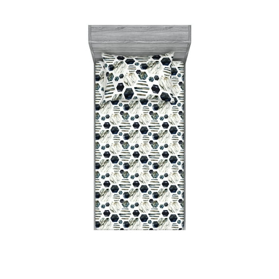 Marble Print Fitted Sheet & Pillow Sham Set, Stone Like Print Geometric Design with Lines Hexagon Pattern, Decorative Printed 2 Piece Bedding Decor, Twinxl, White Dark Blue and Eggshell, by Ambesonne