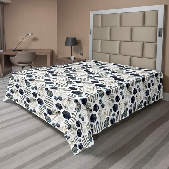 Ambesonne Marble Print Flat Bedding Sheet Soft Top Sheet, Stone Print Geometric, California King, White Dark Blue and Eggshell