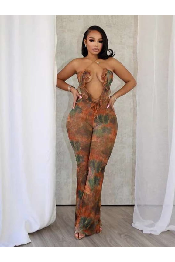 Marble-Print Halter-Style Jumpsuit (M, Brown)