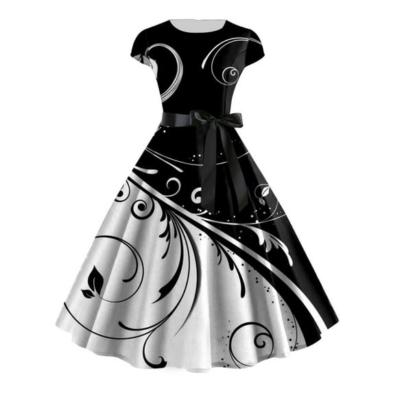 Marble Print Novelty Swing Dress Women's Vintage 50s 60s Rockabilly Dress Short Sleeve Summer Hepburn Dress