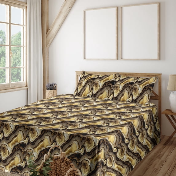 Marble Print Sheet Set, Rock Print Inspired Marbling Crystal Gemstone Nature Themed Art, Fitted & Flat Sheet with Pillowcase Bedding Accent 3 Pcs Set, Twin, Chocolate Mustard Taupe, by Ambesonne