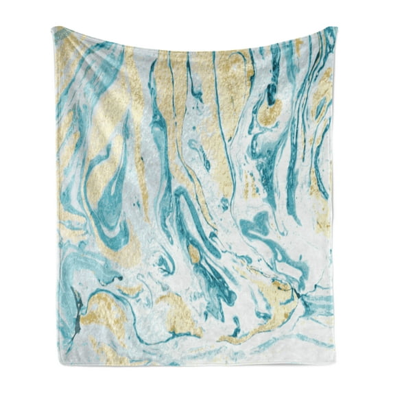 Marble Print Soft Flannel Fleece Blanket, Golden Yellow Tone and Ocean Inspired Colored Abstract Natural Motif, Cozy Plush for Indoor and Outdoor Use, 50" x 70", Pale Camel Sea Blue, by Ambesonne