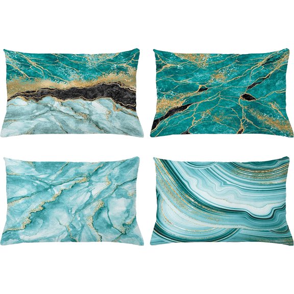 Marble Print Throw Pillow CushiCase Pack 4, Sapphires Inspired Design Stone Surface Look Modern Stained, Modern Accent Double-Sided Digital Printing, 20" x 12", Turquoise Teal and Mustard