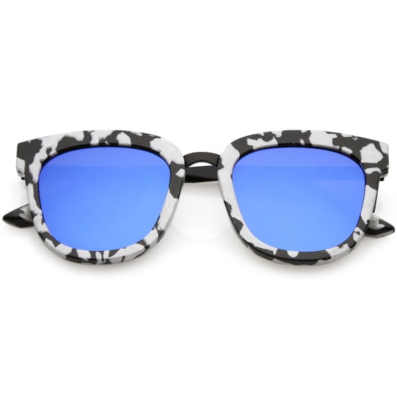 Marble Printed Horn Rimmed Sunglasses Metal Nose Bridge Colored Mirror Square Flat Lens 49mm (Black White Black / Blue )