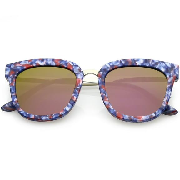 Marble Printed Horn Rimmed Sunglasses Metal Nose Bridge Colored Mirror Square Flat Lens 49mm (Blue Red Gold / Purple Mi)