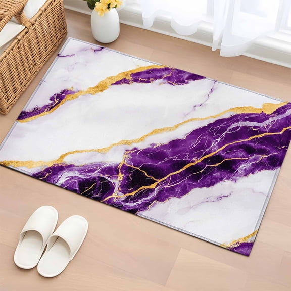 Marble Purple 2'x3' Washable Rug, Gold Foil Ceramic Style Cracks Scratches Non-Slip Soft Doormat Area Rugs for Entrance Bathroom Bedsides, Front Doormat Carpet for Kitchen Bedroom, Entryway Floor Mat