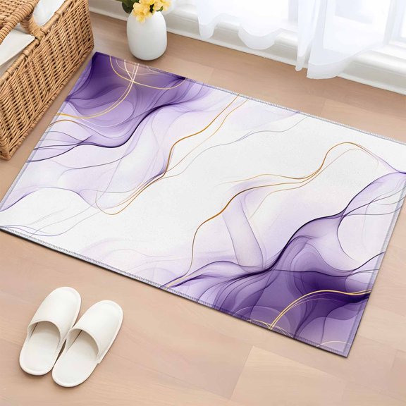 Marble Purple 2'x3' Washable Rug, Gold White Modern Gradient Ocean Ripple Non-Slip Soft Doormat Area Rugs for Entrance Bathroom Bedsides, Front Doormat Carpet for Kitchen Bedroom, Entryway Floor Mat