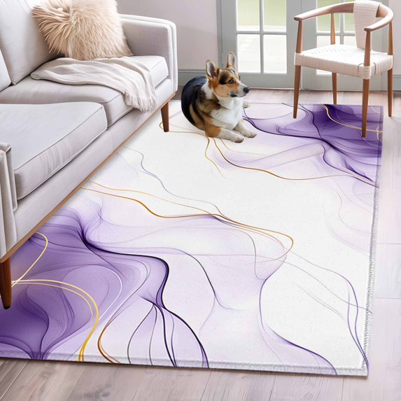 Marble Purple Area Rug 3x5 FT, Non Slip Entryway Bedside Carpet, Gold White Modern Gradient Ocean Ripple Washable Soft Floor Carpet Indoor Mat Non-Shedding Throw Rug for Dorm Kitchen Home Office