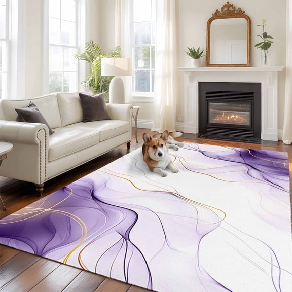 Marble Purple Area Rug 5x8 FT, Non Slip Bedroom Throw Carpet, Gold White Modern Gradient Ocean Ripple Washable Soft Floor Carpet Non-Shedding Rug for Living Room Nursery Dorm Office
