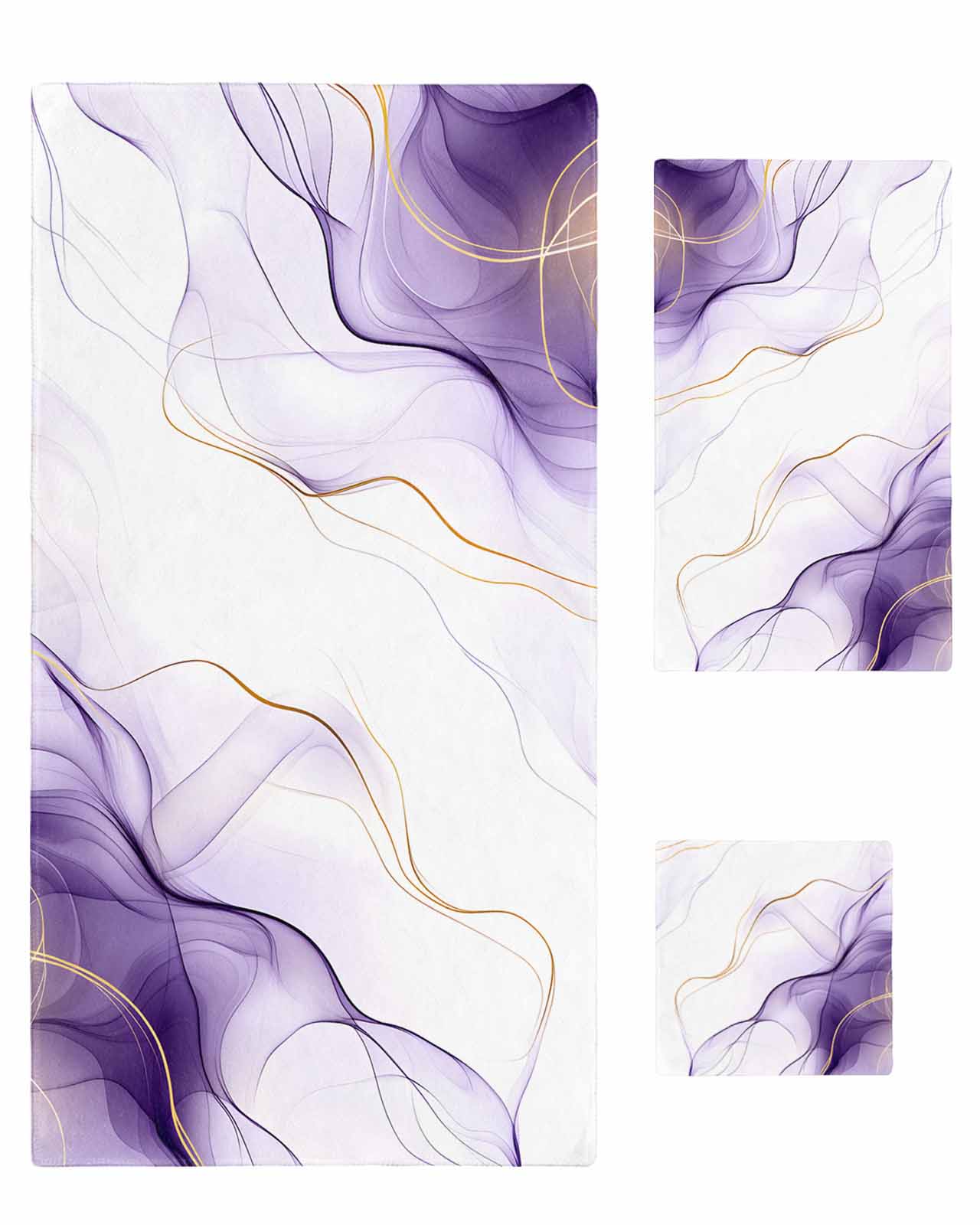 Marble Purple Bath Towels for Bathroom Set,Luxury Microfiber Towels Gifts for Women,Beach Kitchen Hand Hair Face Towel and Dish Washcloth,Gold White Modern Gradient Ocean Ripple Towels+Set