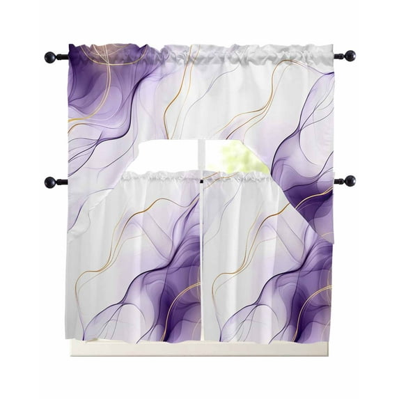 Marble Purple Kitchen Curtains Sets 24 Inch Length with Valance, Gold White Modern Gradient Ocean Ripple Swag Valances and Tiers Curtain Set Drapes Swag Curtains for Living Room, Bathroom, Bedroom