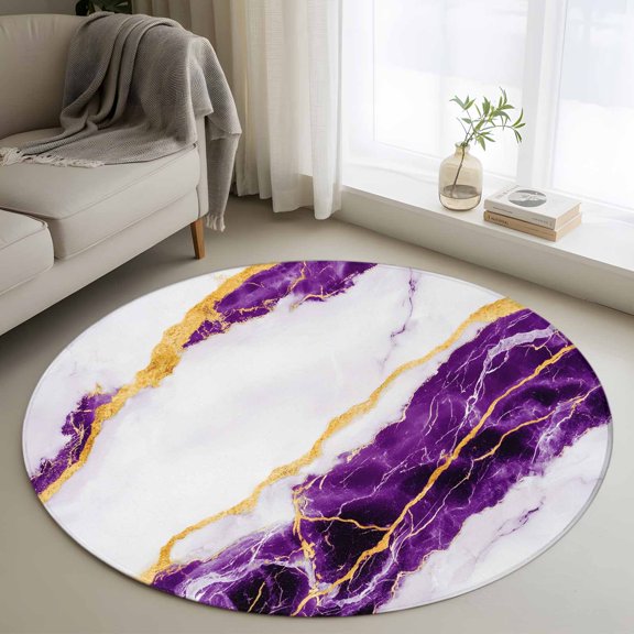 Marble Purple Round Area Rug 4ft, Gold Foil Ceramic Style Cracks Scratches Washable Non-Slip Circle Rugs for Bedroom Living Room Kitchen, Soft Non Shedding Circle Carpet for Dining Room Dorm