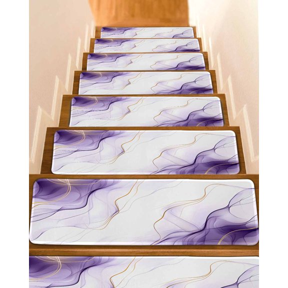 Marble Purple Stair Treads for Wooden Steps Indoor Runner Rug Carpet, Gold White Modern Gradient Ocean Ripple 4 Pieces Peel and Stick Staircase Step Treads Covers Washable Throw Door Mats, 30"x8"