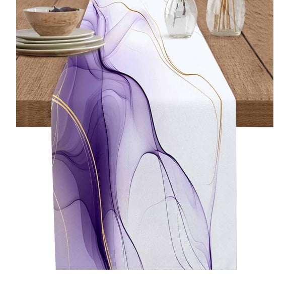 Marble Purple Table Runner 48 Inches, Gold White Modern Gradient Ocean Ripple Bed Runner Dresser Scarves Tabletop for Indoor Outdoor Parties/Ceremony/Banquet, 13" x 48"