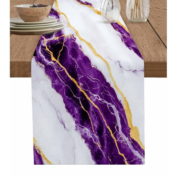 Marble Purple Table Runner 72 Inches, Gold Foil Ceramic Style Cracks Scratches Bed Runner Dresser Scarves Tabletop for Indoor Outdoor Parties/Ceremony/Banquet, 13" x 72"