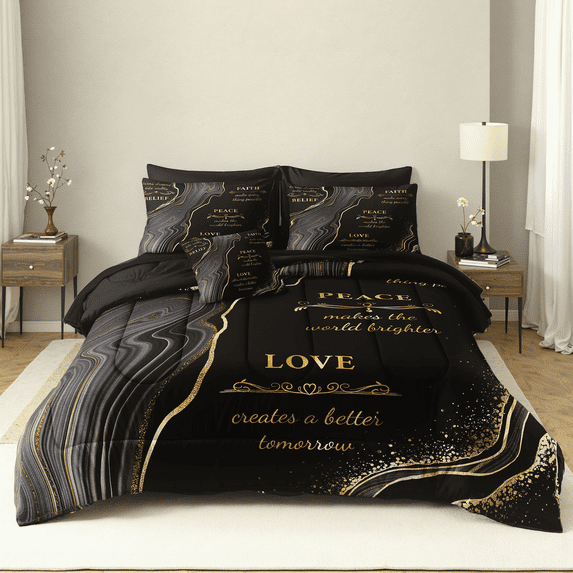 Marble Queen Comforter Set with Sheets,8 Pieces Black and Gold Queen Bed in a Bag Set,Inspirational Positive Energy Words Quilt Set,Modern Marble Texture Luxury Bedding Set for All Seasons