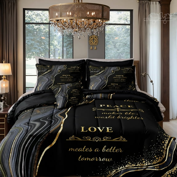 Marble Queen Comforter Set with Sheets,8 Pieces Black and Gold Queen Bed in a Bag Set,Inspirational Positive Energy Words Quilt Set,Modern Marble Texture Luxury Bedding Set for All Seasons