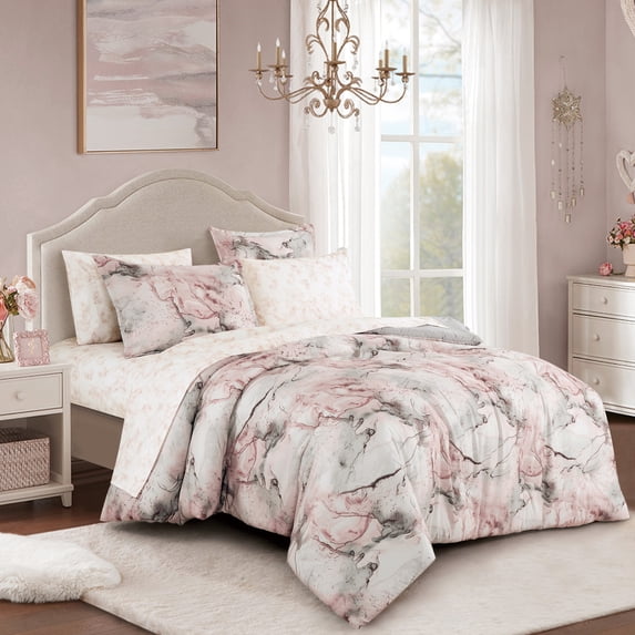 Marble Queen Comforter Set with Sheets - 7-Piece Pink Bed in a Bag Set