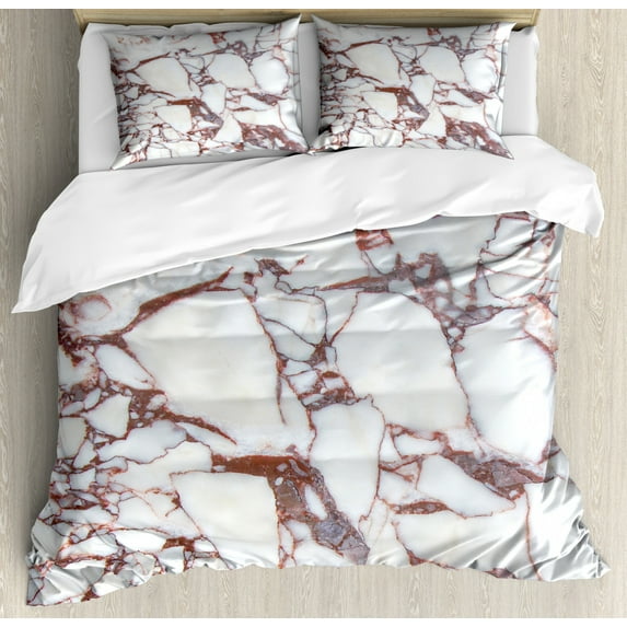Marble Queen Size Duvet Cover Set, Dolomite Rocks Pattern with Characteristic Swirls and Cracked Lines Abstract Art, Decorative 3 Piece Bedding Set with 2 Pillow Shams, Beige Brown, by Ambesonne
