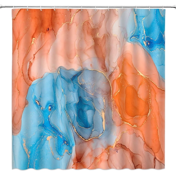 Marble RV Shower Curtain Orange Blue Abstract Marble Texture Ombre Modern Luxury Ink Aesthetic Small Stall Bathroom Home Curtain with Hooks,36" Wx70 H