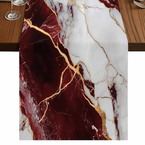 Marble Red 72 Inch Table Runner, Modern Abstract Gold White Brick Stone Motif Farmhouse Dresser Scarf Cotton & Linen Tablerunner for Dining/Kitchen Island/Holiday Party Décor 13" x 72"