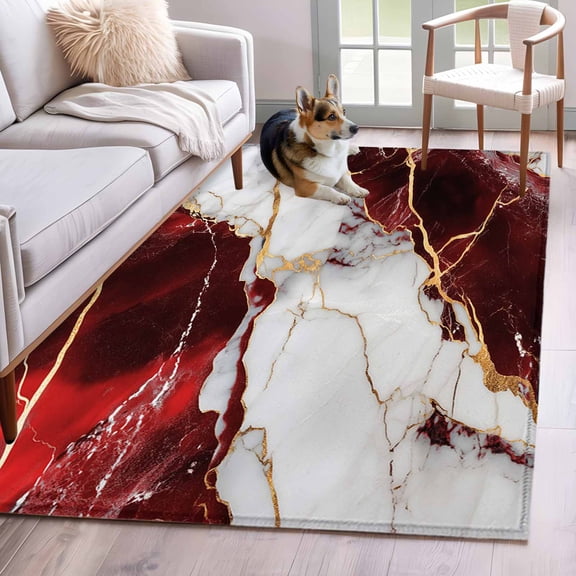 Marble Red Area Rug 3x5 Washable Rug Non Slip Modern Abstract Gold White Brick Stone Motif Large Area Rug Indoor Floor Carpet for Entryway Bedroom Kitchen Living Room Home Office Dining Room Nursery
