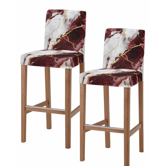 Marble Red Bar Stool Covers Set of 2, Modern Abstract Gold White Brick Stone Motif Stretch Washable Bar Chair Covers with Backs, Removable Pub Counter Height Chair Cover for Kitchen Dining Room Cafe