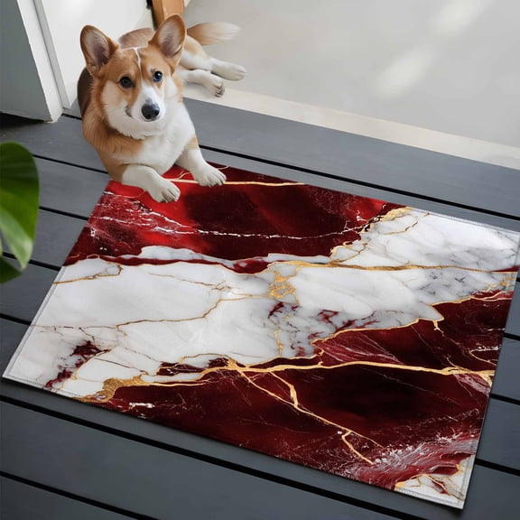 Marble Red Bathroom Mat 2x3 FT, Non Slip Small Kitchen Mat, Modern Abstract Gold White Brick Stone Motif Washable Soft Backed Front Door Throw Rug Indoor Outdoor Doormat for Entryway
