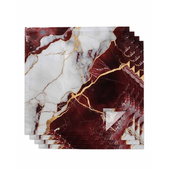 Marble Red Cloth Napkins Set of 4 Reusable Dinner Napkins, Modern Abstract Gold White Brick Stone Motif Cocktail Napkin Washable Table Napkins for Wedding/Holiday Party/Baby Shower 20"x20"