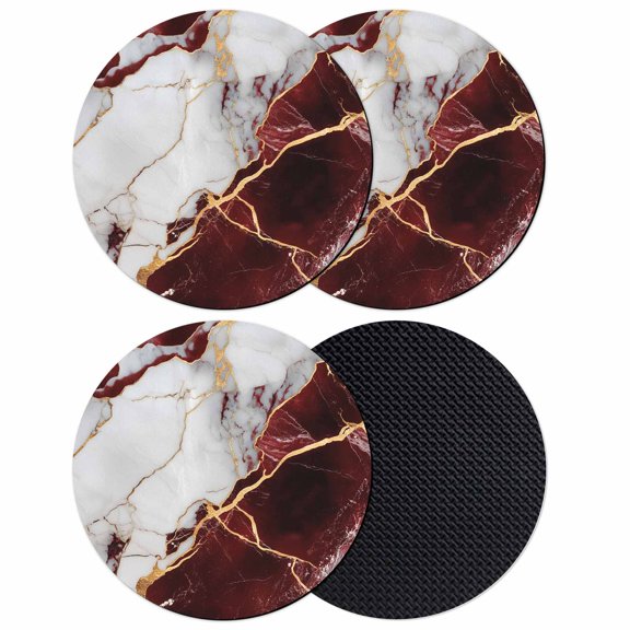 Marble Red Coasters Set of 4, Modern Abstract Gold White Brick Stone Motif Absorbent Coasters for Drinks, Coaster for Bar Office Dining Coffee Table Accessories Decor, Non Slip Round Desk Coaster