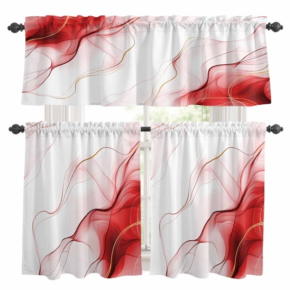 Marble Red Kitchen Curtains Sets for Windows 24 Inch Length, Gold White Modern Gradient Ocean Wavy Ripple Rod Pocket Window Treatments Tier Curtains and Valances Set for Bedroom/Bathroom