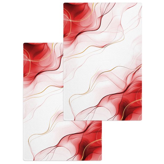 Marble Red Kitchen Dish Towels for Drying Dishes Set of 2, Gold White Modern Gradient Ocean Wavy Ripple Waffle Weave Microfiber Hand Tea Bathroom Towels Quick Dry & Absorbent Towel 15.7x23.6