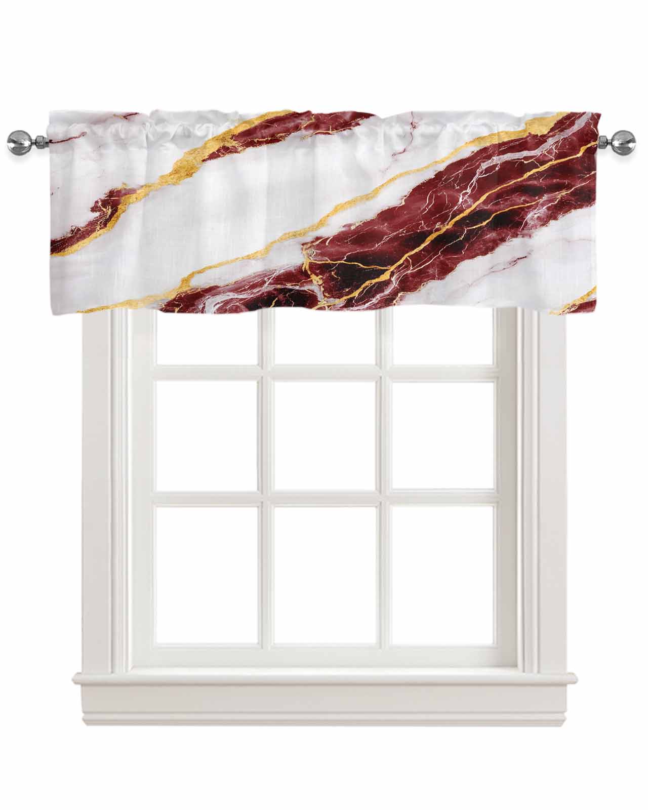 Marble Red Kitchen Valances for Windows Farmhouse Linen Window Valance Curtain for Living Room Window Treatment Gold Foil Ceramic Style Cracks Scratches Valance Rod Pocket Topper Drape, 54 x 18 Inch