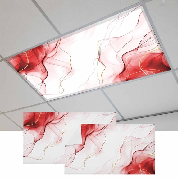 Marble Red Magnetic Fluorescent Light Covers for Ceiling Lights 2x4Ft,Gold White Modern Gradient Ocean Wavy Ripple Office Classroom Kitchen Drop Ceiling Light Covers Filters Shade Panel 2Packs