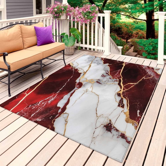 Marble Red Outdoor Rug for Patio/Deck/Porch, Non-Slip Large Area Rug 5 x 7 Ft, Modern Abstract Gold White Brick Stone Motif Indoor Outdoor Rugs Washable Area Rugs, Camping Rug Carpet Runner