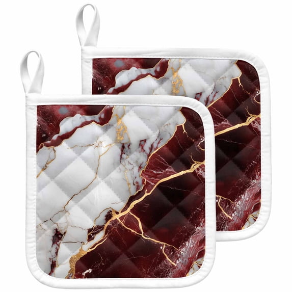 Marble Red Pot Holders for Kitchen Heatproof Potholder, 2 Pack Modern Abstract Gold White Brick Stone Motif Hot Pads Multipurpose Oven Pads Cloth Potholders Trivet for Cooking and Baking