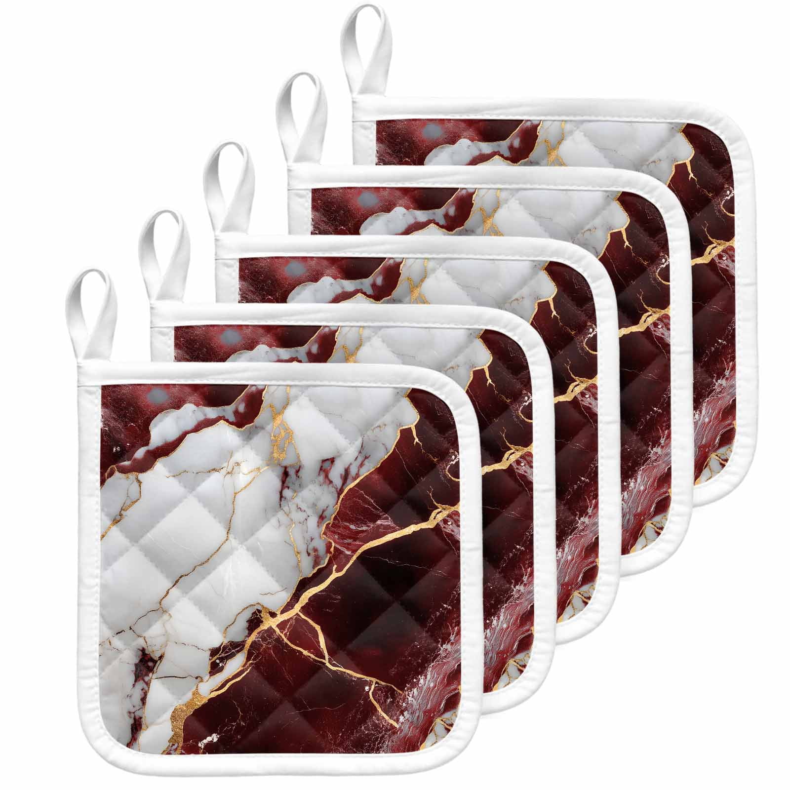 Marble Red Pot Holders for Kitchen Heatproof Potholder, 5 Pack Modern Abstract Gold White Brick Stone Motif Hot Pads Multipurpose Oven Pads Cloth Potholders Trivet for Cooking Baking
